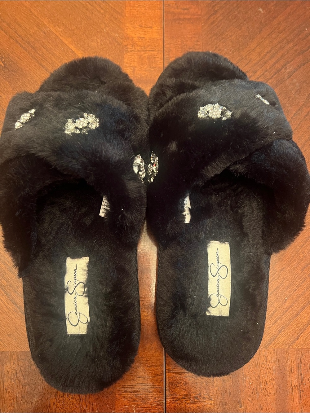 Jessica Simpson Black Faux Fur Crystal-Embellished Slide Slippers